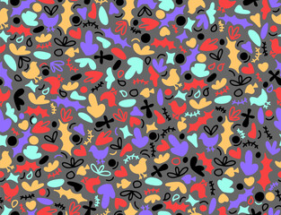 Seamless abstract pattern with different flat shapes of birds, hearts, smiles, circles drawn in doodle style.