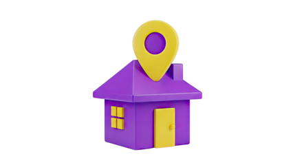 3D Purple House Icon with Yellow Location Pin