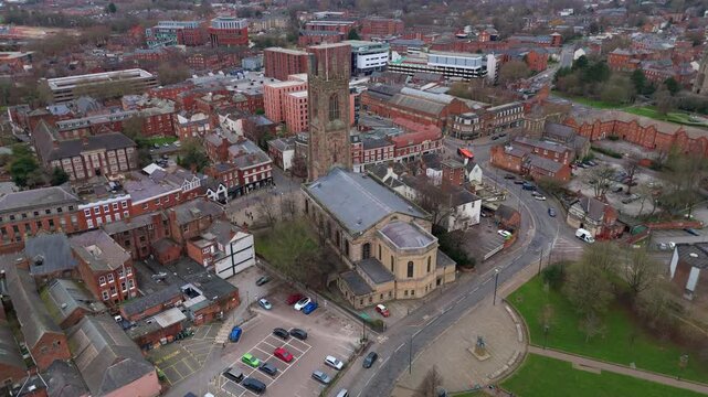 Aerial view of Derby Cathedral in central Derby, UK. 