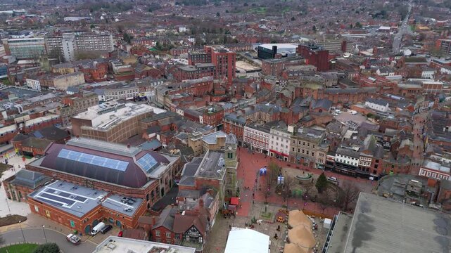 Aerial View of Busy Derby City Centre with High Rise Buildings Offices and Pedestrians During Winter in the United Kingdom