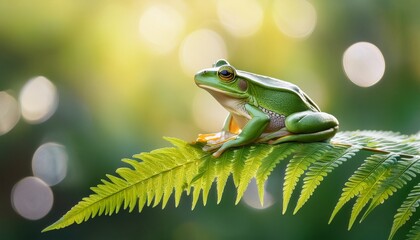 green frog sitting on fern leaf defocused photo bokeh background