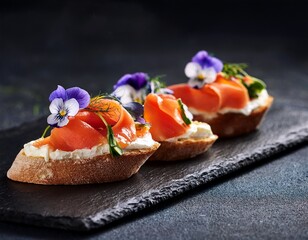 gourmet salmon bruschetta with cream cheese and edible flowers on slate platter