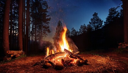 burning campfire on a dark night in a forest
