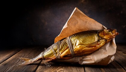 smoked fish wrapped in brown paper on rustic wooden table with dark background