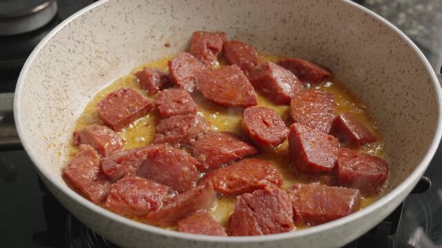 Traditional Turkish Sausage (Sucuk) Frying in a Pan