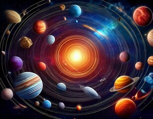 solar system with planets asteroids and nebula in deep space background