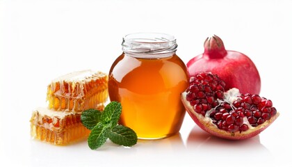 honey and pomegranates with mint and honeycomb on white surface