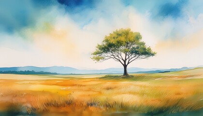 watercolor painting of a single tree standing alone in a vast open landscape