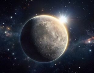 mercury planet with sun flare in the dark space with stars background