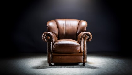 elegant brown leather armchair in spotlight on dark background
