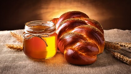 golden honey jar and freshly baked challah bread on rustic cloth