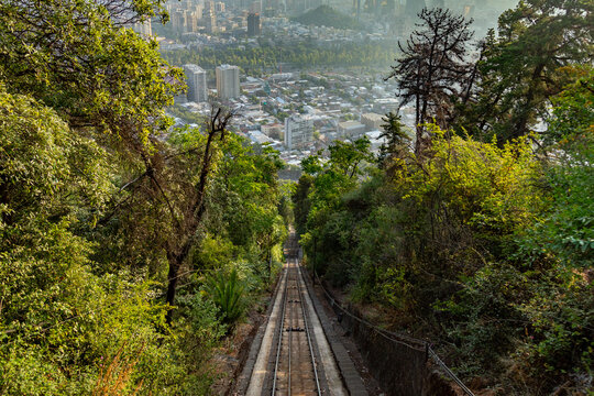 Funicular Railway at Cerro San Cristobal Overlooking Santiago City, Chile