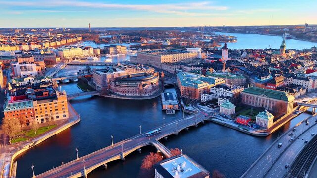 Beautiful historical downtown of Stockholm, Sweden. Drone footage over the stunning cityscape at sunset.