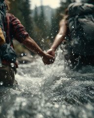 Couple Crossing River Holding Hands: Adventure, Love, Connection in Nature. Hikers Trekking Through Water, Romantic Outdoors.