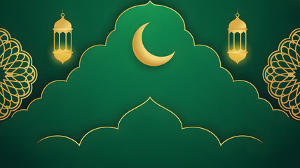 Elegant Islamic greeting background with crescent moon and decorative golden lanterns.