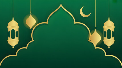 Elegant green and gold Islamic design background with crescent and lamps.