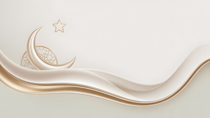 Elegant cream and gold Islamic crescent, star, and wave background.