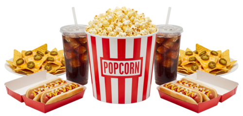 cinema snack collection with popcorn bucket soda cups hot dogs and nachos