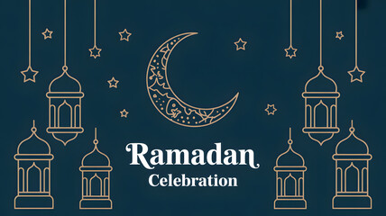 Ramadan celebration design with crescent moon, lanterns, and stars on dark blue.