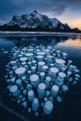 Frozen Methane Bubbles Beneath Icy Mountain Lake at Sunset