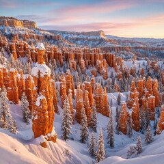 Snow-Covered Hoodoos in Bryce Canyon at Sunrise