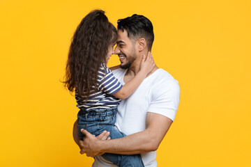 Father Daughter Connection. Portrait Of Happy Middle Eastern Dad Bonding With His Little Daughter,...