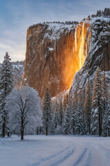 Yosemite Firefall at Sunset Over Snowy Landscape