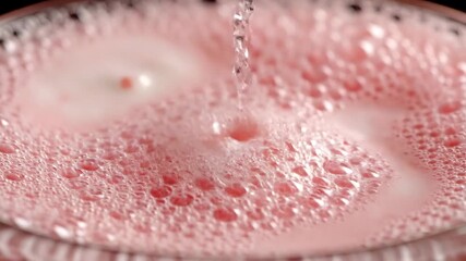 Closeup view of vibrant pink frothy liquid with numerous delicate bubbles creating a soft creamy texture resembling a delicious and refreshing beverage or dessert topping perfect for a sweet treat.