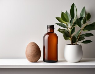 brown bottle green plant and stone egg are arranged on a white shelf against a white background