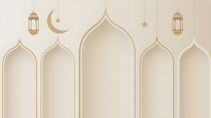 Elegant islamic design with arches, lanterns, moon and star elements.