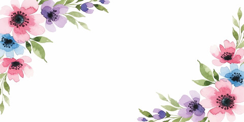 Fototapeta premium Pink and purple floral frame with blooming flowers and green leaves on a clean white background suitable for spring and summer designs