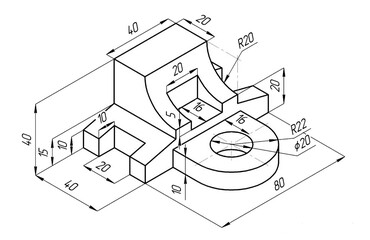 Sketch of steel mechanical
part with through holes and dimensional lines.
Background with engineering cad scheme.
Technical pencil hand drawn drawing
on white paper sheet. 3d model technology design.