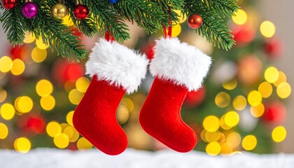 Christmas Stockings Hanging from Decorated Tree Branch with Festive Bokeh Lights