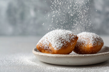 Traditional New Orleans beignets, golden and fluffy, generously dusted with powdered sugar. Festive Mardi Gras pastry served on a clean background in minimalist style.