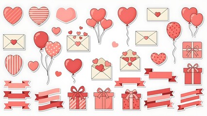 Valentine sticker collection with letters hearts and gifts