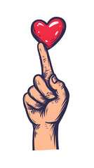 heart in hand, Hand illustration featuring a single finger balancing a red heart. Emphasizes the concept of love, care, and affection in a creative and symbolic way through

