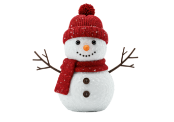 hyper-detailed macro studio shot of a whimsical, highly textured white snowman with a vibrant carrot nose and twig arms, isolated on a transparent background with copy space. Festive holiday