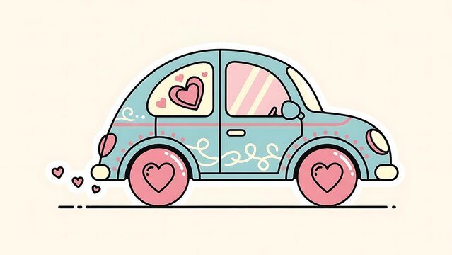 Cute Blue Valentine Car Illustration with Heart Wheels