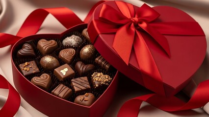 Red heart box with chocolates and satin ribbons