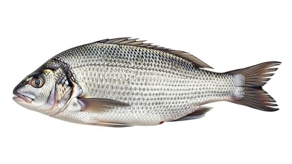 A silver fish with dark fins and tail on a white background