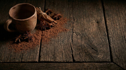 Hot chocolate ingredients cinnamon and star anise on wood