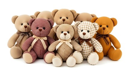 A group of seven colorful teddy bears sitting together