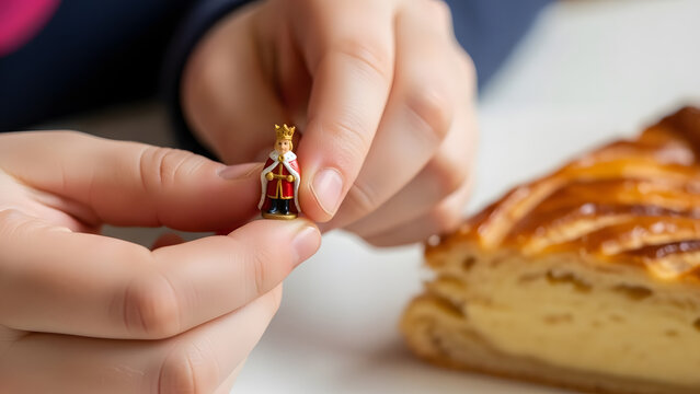 Child hands holding tiny king feve figurine with Rosca de Reyes cake slice