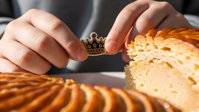 Hands holding bronze crown feve charm next to three kings cake slice close-up