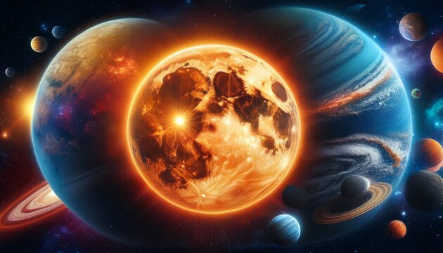 sun planets of the solar system and planet earth galaxies stars comet asteroid meteorite nebula space panorama of the universe - Powered by Adobe