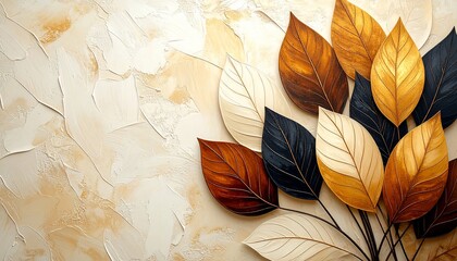 Elegant Autumn Leaves Artwork with Textured Beige Abstract Canvas