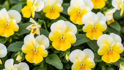 Vibrant Floral Display, Yellow and White Pansies, Garden Setting, Photography, Spring Environment, Close-Up View, Nature's Beauty