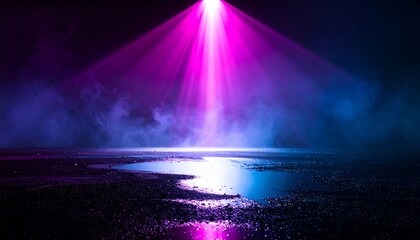 Dynamic Pink and Blue Stage Lighting Illuminating Smoky Atmosphere on Wet Ground