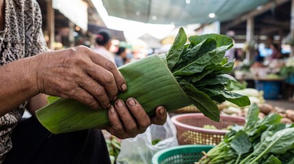 Weathered hands of a local woman fold fresh spinach inside a banana leaf.