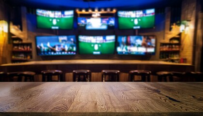 empty wooden counter in sports bar or pub with blurred tv displays with sporting events at the bar background